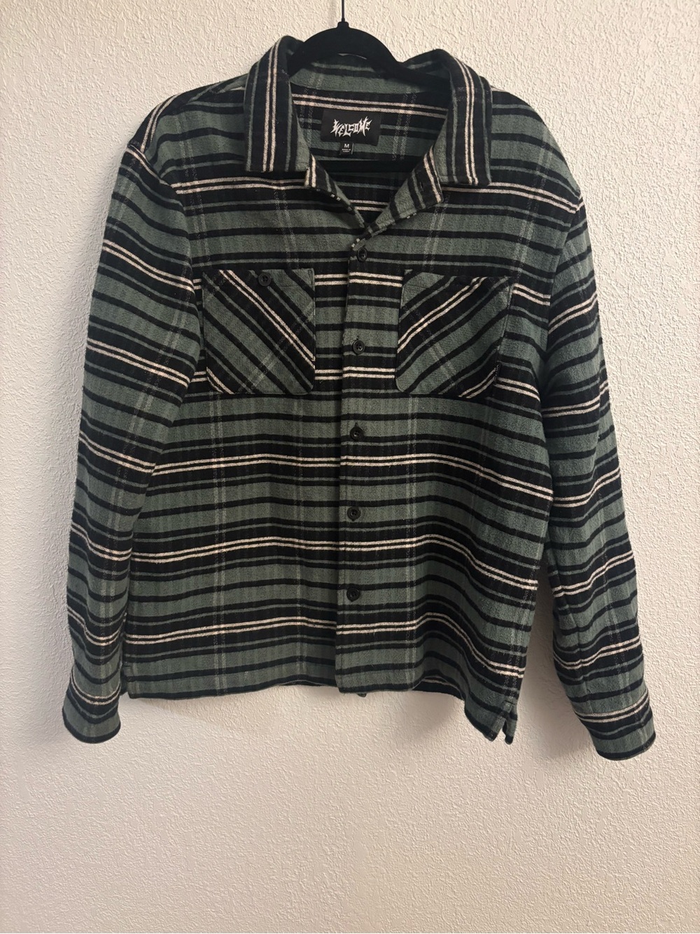Men's Striped Button-Down Casual Shirt in Green and Black